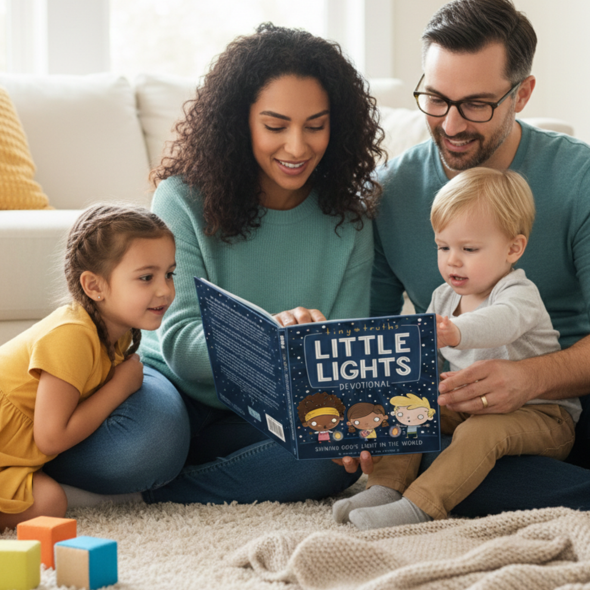 Family reading 'Little Lights' book together in a cozy living room by CTA Christ to All & CTAKids.