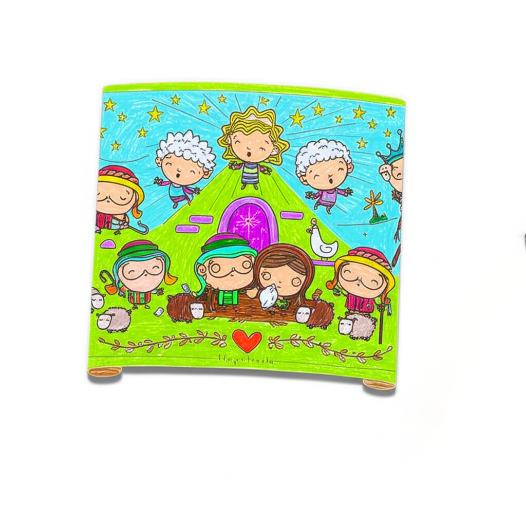 Oversized 6' x 2' Christmas story mural featuring Tiny Truths nativity characters, printed on premium paper suitable for crayons, markers, colored pencils, or paint—perfect for tabletop, floor, or wall coloring.
615122-17489-0