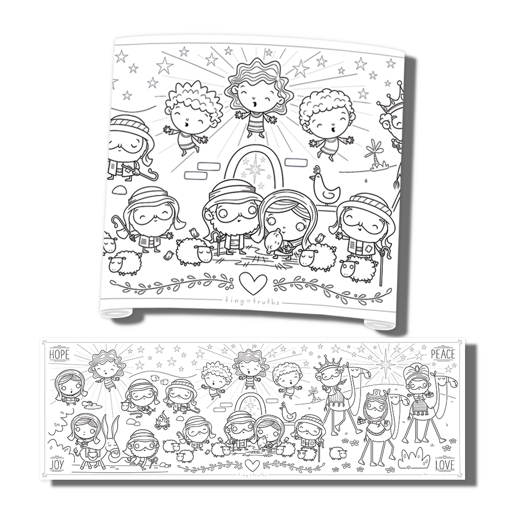 Oversized 6' x 2' Christmas story mural featuring Tiny Truths nativity characters, printed on premium paper suitable for crayons, markers, colored pencils, or paint—perfect for tabletop, floor, or wall coloring.
615122-17489-0