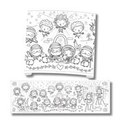 A black and white cartoon coloring book cover and matching long strip featuring cute illustrated children, stars, hearts, and outdoor scenes on a white background.