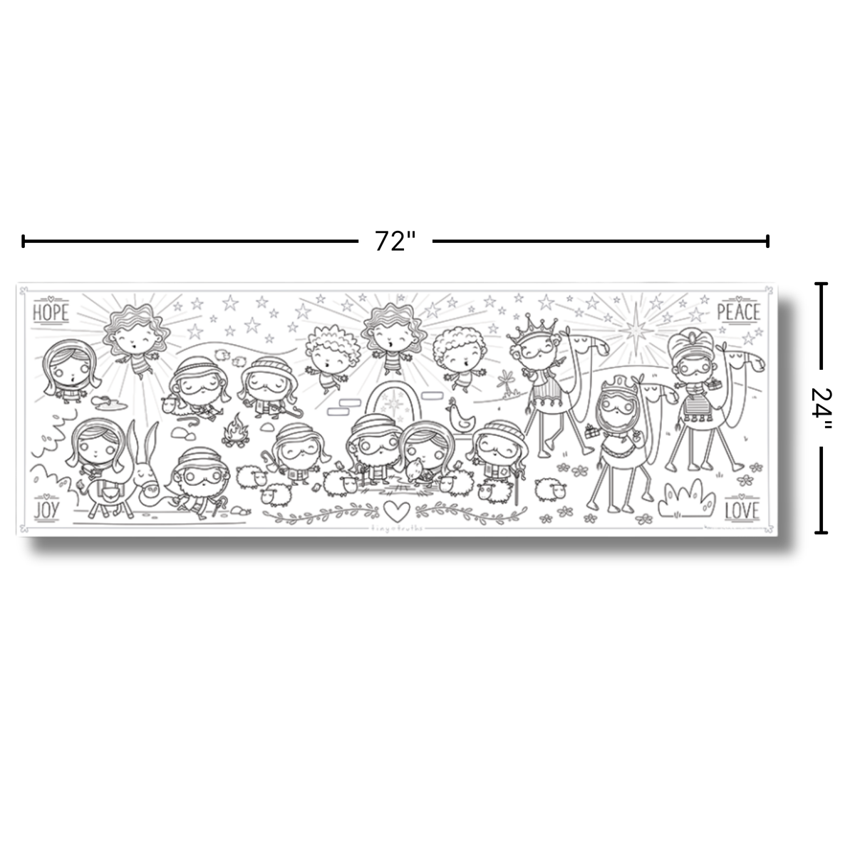 A rectangular black-and-white line-art sticker or decal sheet shown on a white background, with dimension arrows indicating 72 inches wide by 24 inches tall. The sheet features cartoon children, stars, flowers, and words including HOPE, PEACE, and LOVE.