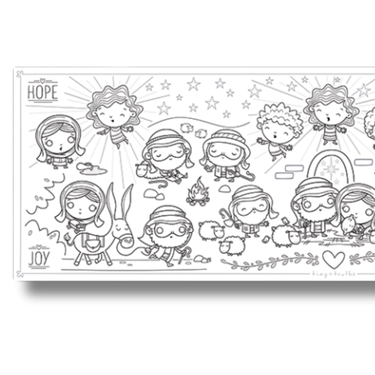 A rectangular black and white coloring page featuring cute cartoon characters, stars, and the words 'HOPE' and 'JOY' on a white background.