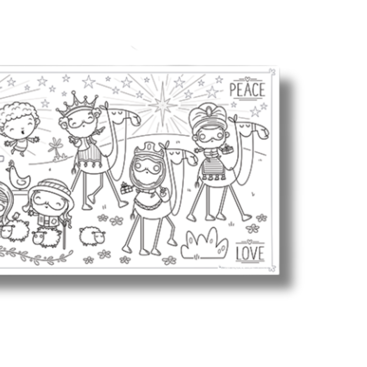 A rectangular black and white coloring page featuring cartoon characters in a Christmas nativity scene with stars, camels, and the words 'PEACE' and 'LOVE'.