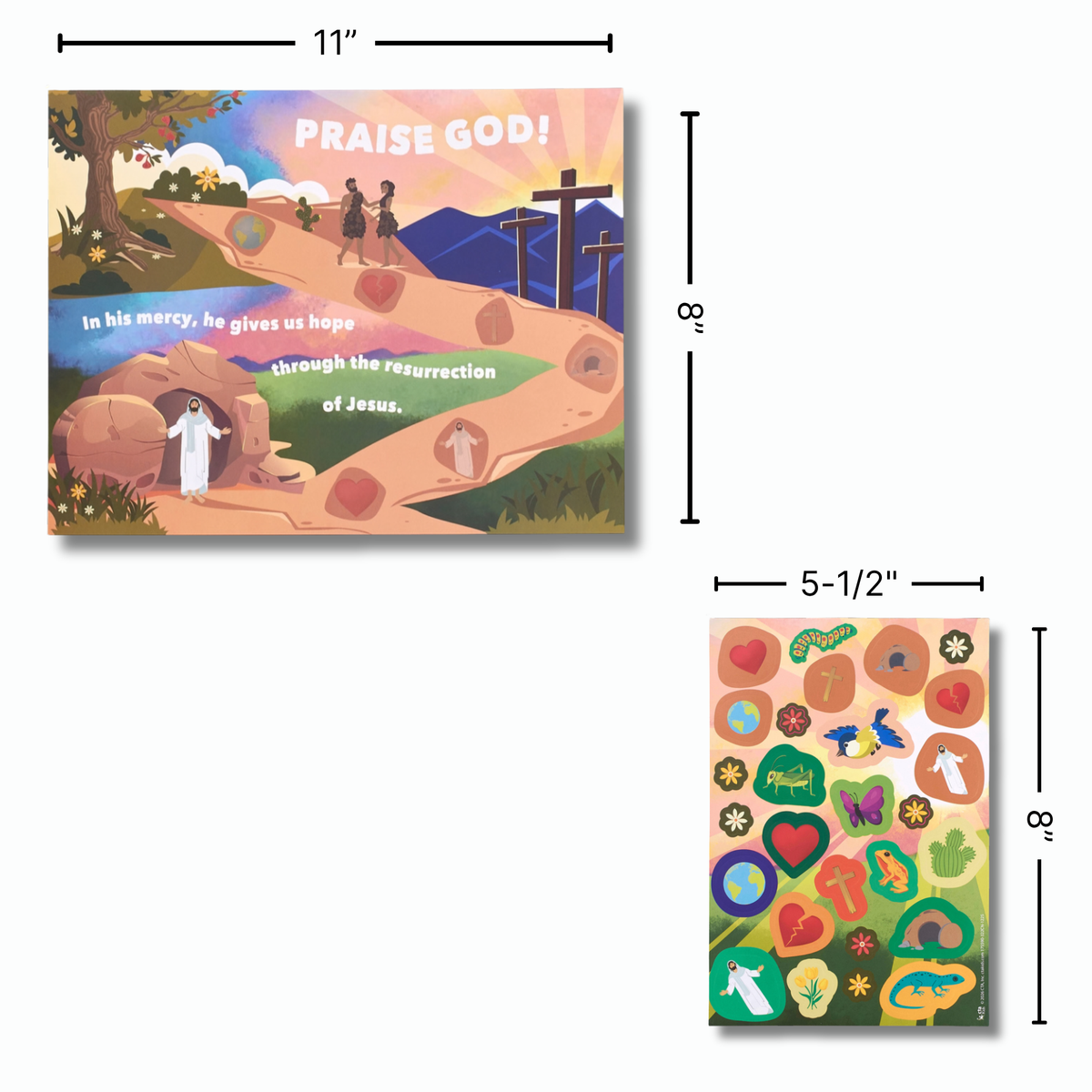 Jesus Path sticker set shown with dimensions, featuring a 11 x 8 inch illustrated path poster and a 5-1/2 x 8 inch sheet of colorful stickers with heart-shaped labels and small icons by CTA Christ to All and CTAKids.