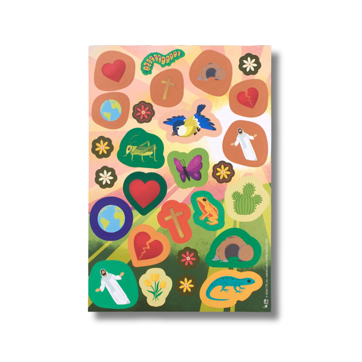 A vertical art print or poster featuring a colorful collage of religious and nature-themed illustrations, including hearts, crosses, flowers, birds, a grasshopper, a butterfly, a frog, a cactus, and figures in white robes, set against a soft peach and green background by CTA Christ to All and CTAKids.