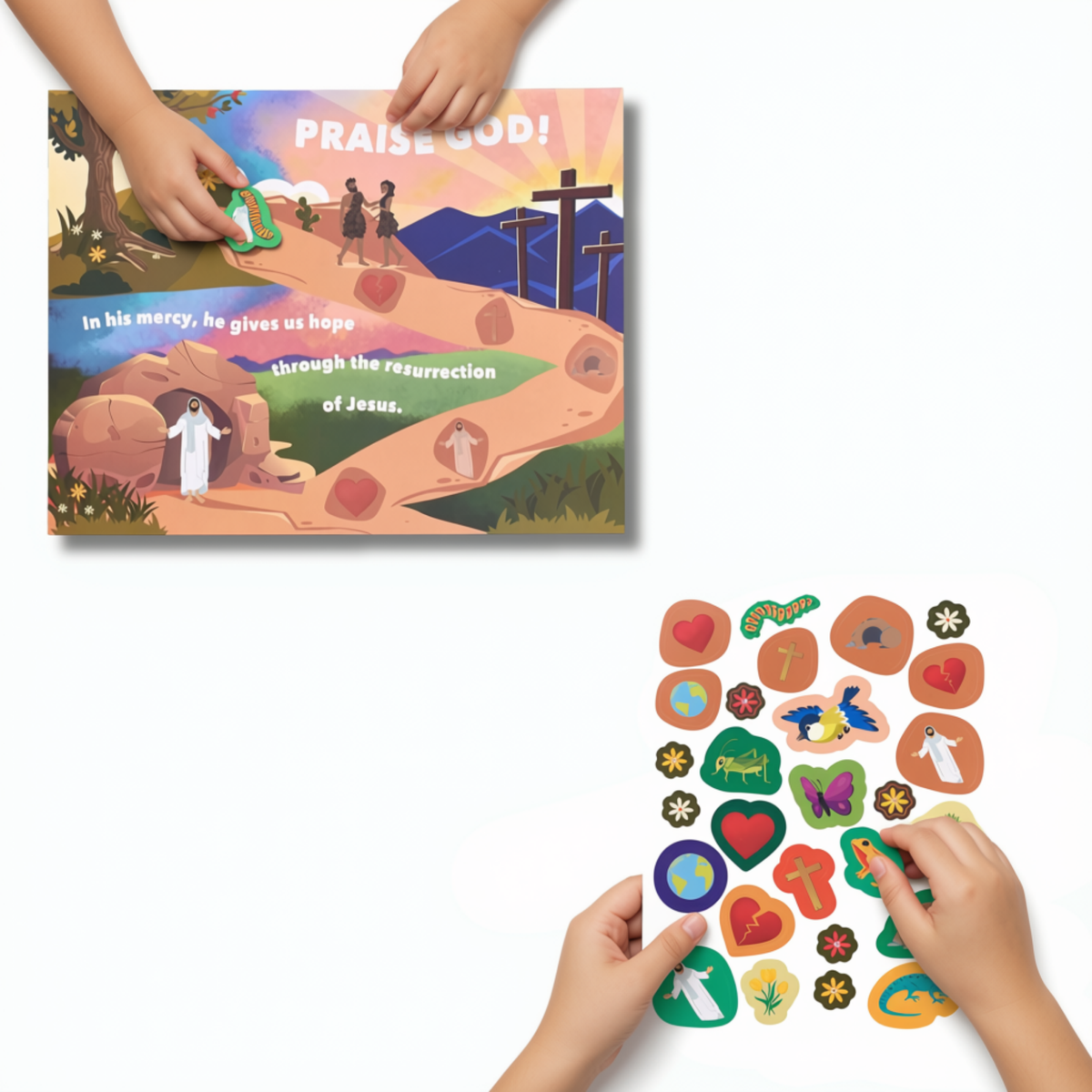 A children's Bible-themed activity board game and matching sticker set shown on a white background. Hands are visible holding the board and stickers, indicating a lifestyle or instructional demonstration context by CTA Christ to All and CTAKids.