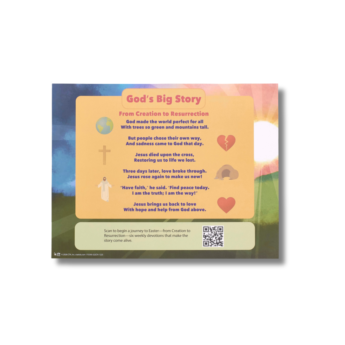 A rectangular printed card or poster titled "God's Big Story" with a multicolor background and a large peach center panel containing a Bible verse, illustrations of a cross, globe, broken heart, and house, plus a QR code at the bottom by CTA Christ to All and CTAKids.