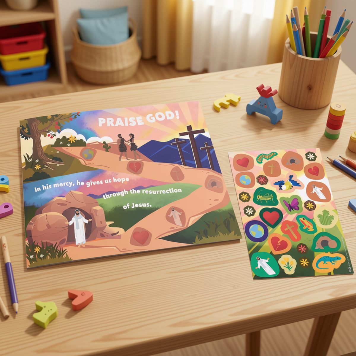 A children's religious activity set on a light wood table, featuring a colorful printed activity sheet with a scene of Jesus at the tomb and a sticker sheet with Christian symbols, surrounded by toys in a nursery or playroom setting by CTA Christ to All and CTAKids.