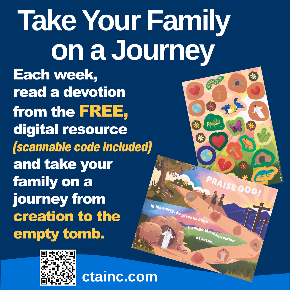 Promotional graphic for a family devotional set titled 'Take Your Family on a Journey' on a dark blue background. Text describes reading a weekly devotional from a free digital resource and taking a family on a journey from creation to the empty tomb by CTA Christ to All and CTAKids.