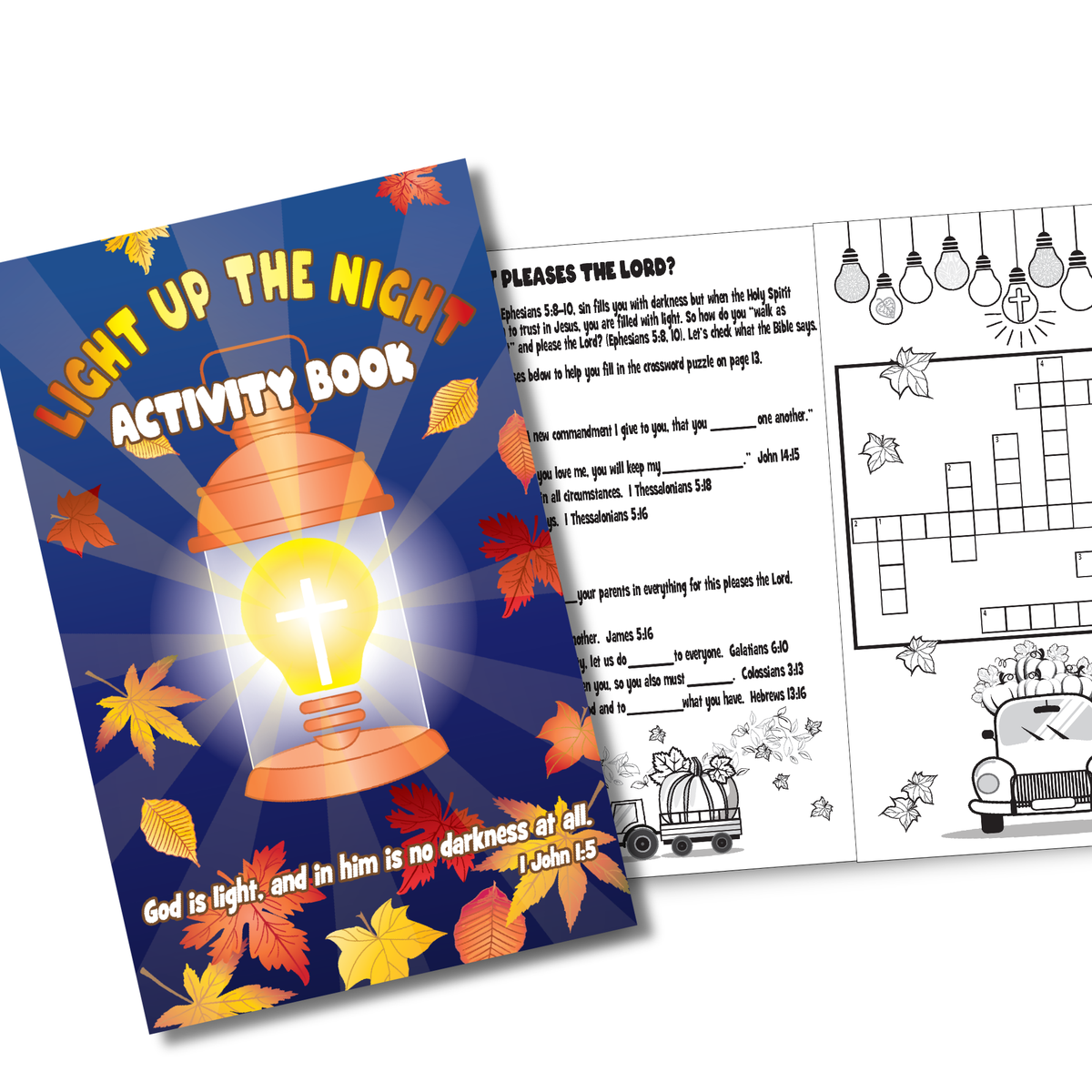 Activity book titled 'Light Up the Night' with a colorful cover and open pages showing worksheets by CTA Christ to All & CTAKids.