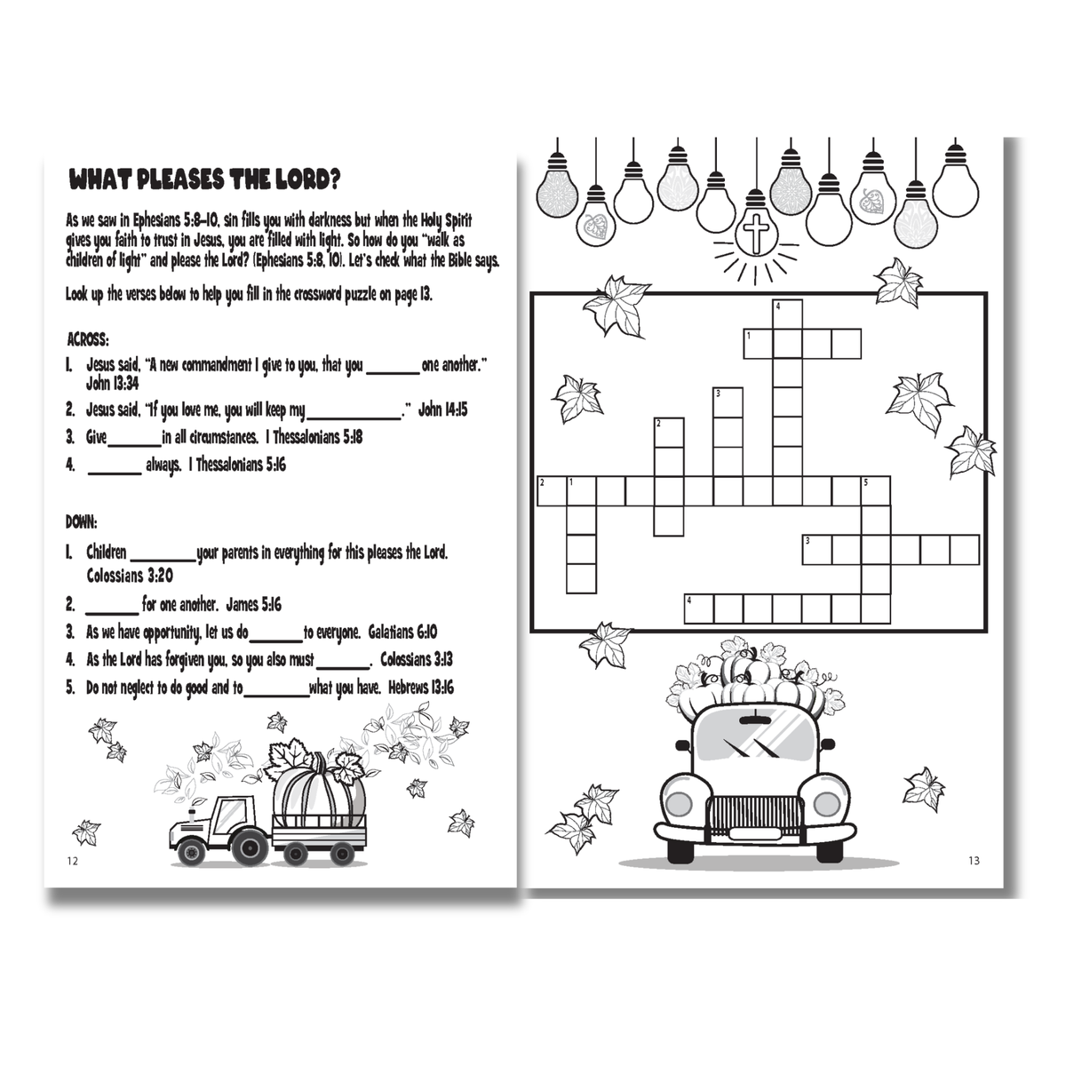 Children's activity book with crossword puzzle and coloring page on a white background by CTA Christ to All and CTAKids.