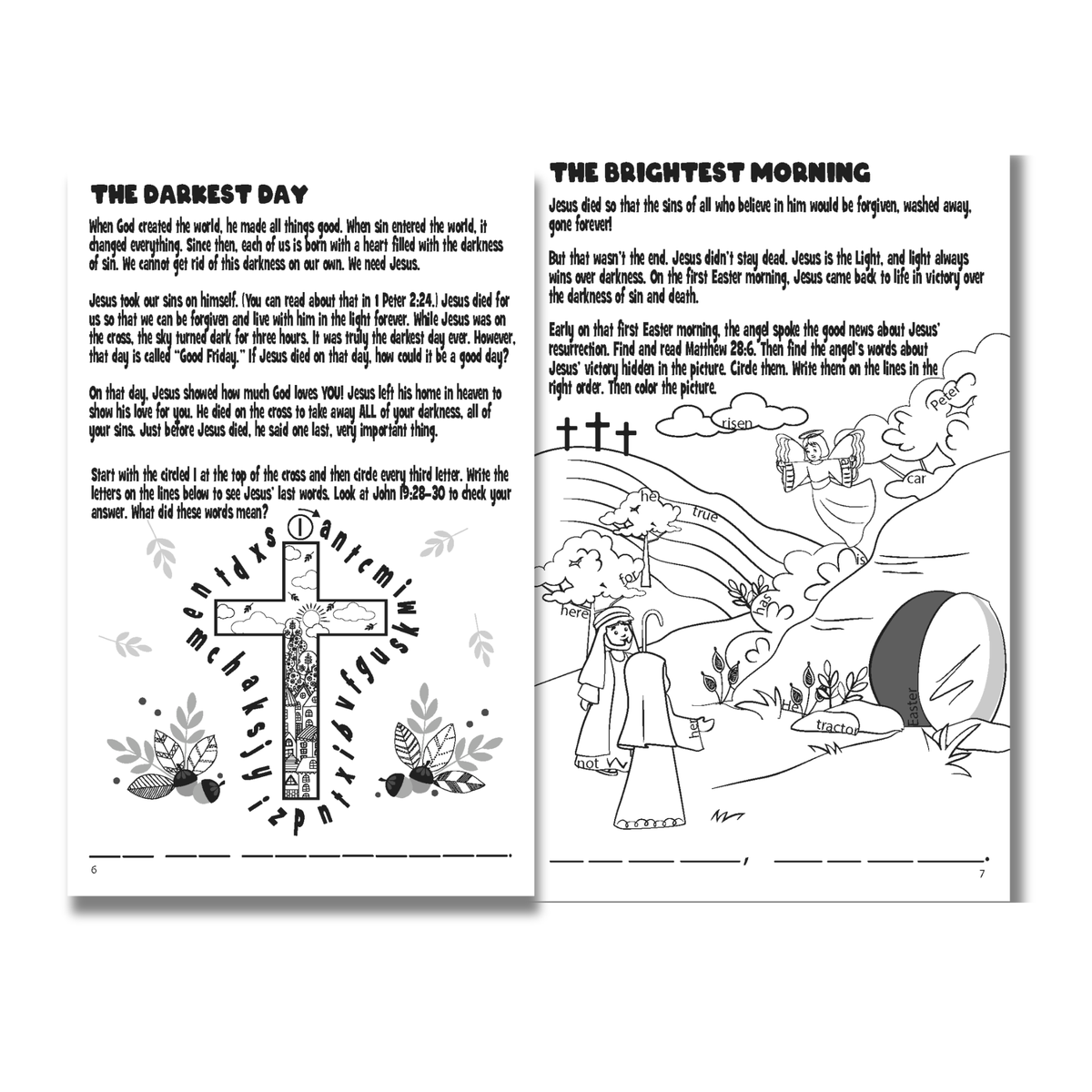 Two black and white pages with text and illustrations on a white background by CTA Christ to All and CTAKids.