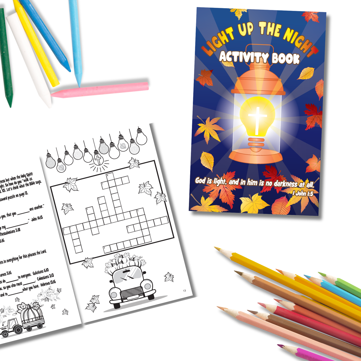 Activity book titled 'Light Up the Night' with coloring pages and pencils on a white background by CTA Christ to All and CTAKids.