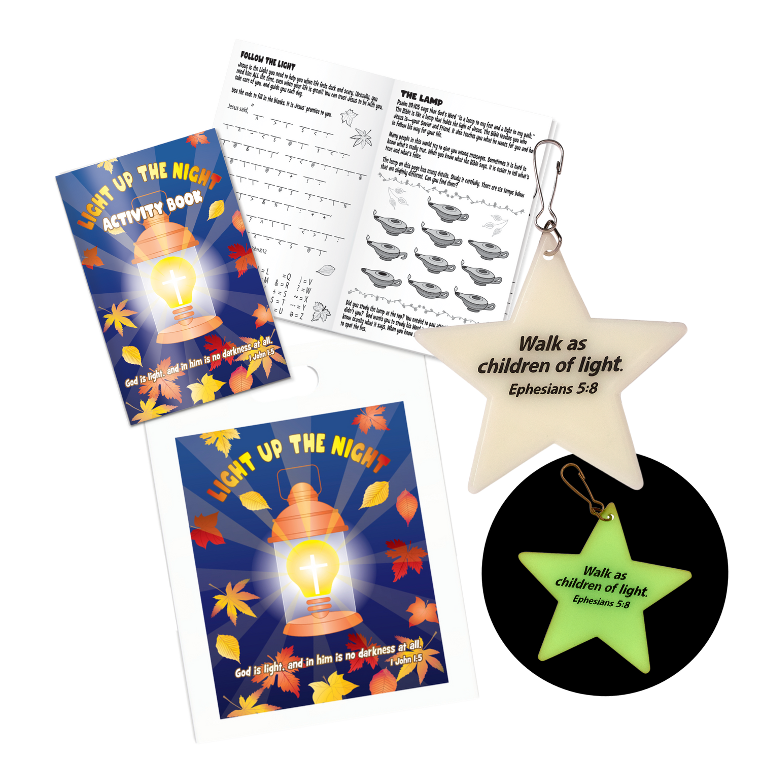 Light Up the Night activity book, glow in the dark backpack tag and goodie bag with Bible verse