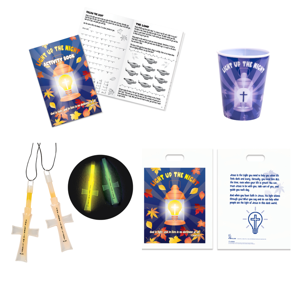 Light Up the Night Christian Fall Festival pack with glow in the dark necklace, activity book, tumbler, and goodie bag