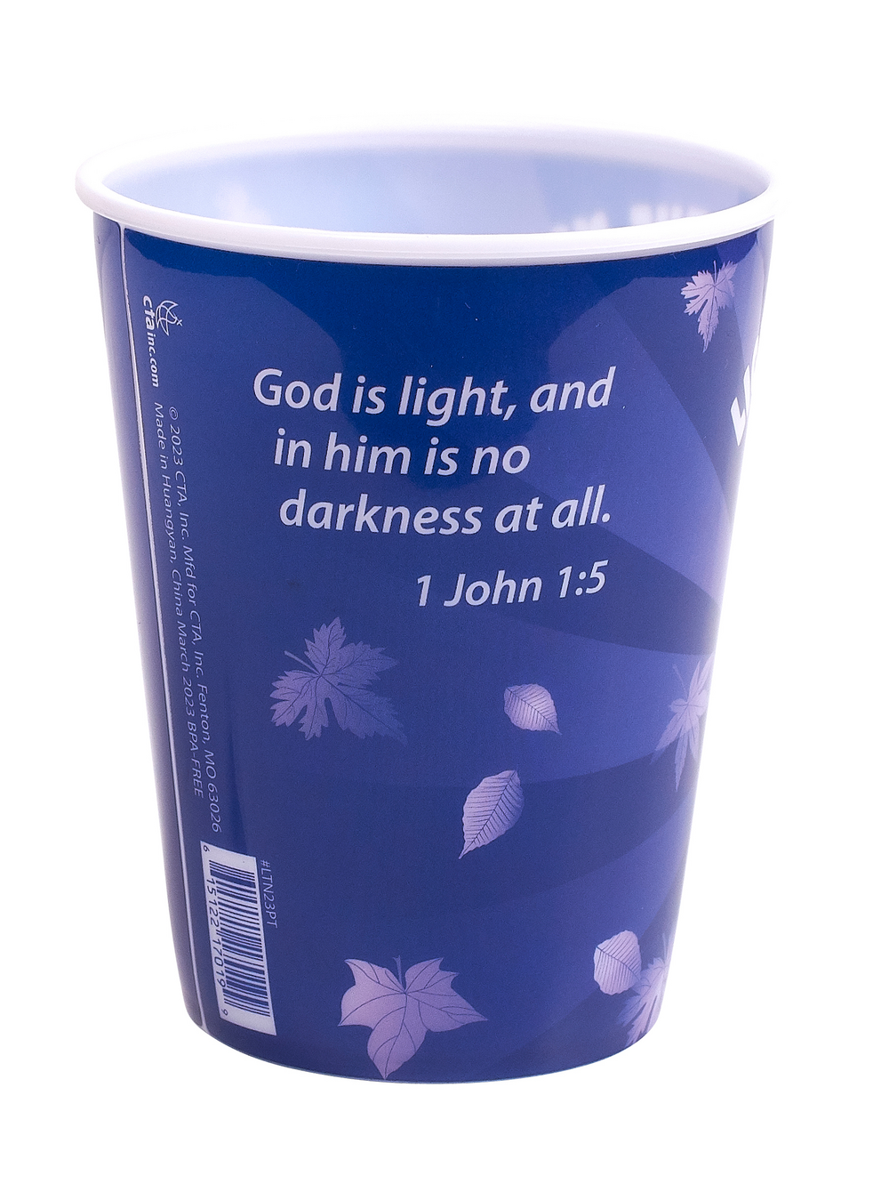 The back of the Light Up the Night children's plastic tumbler cup showing Bible verse 1 John 1:5 