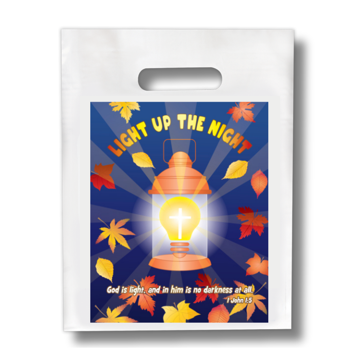 Product packaging with a design of a lantern and leaves, featuring text 'Light Up The Night' by CTA Christ to All & CTAKids.