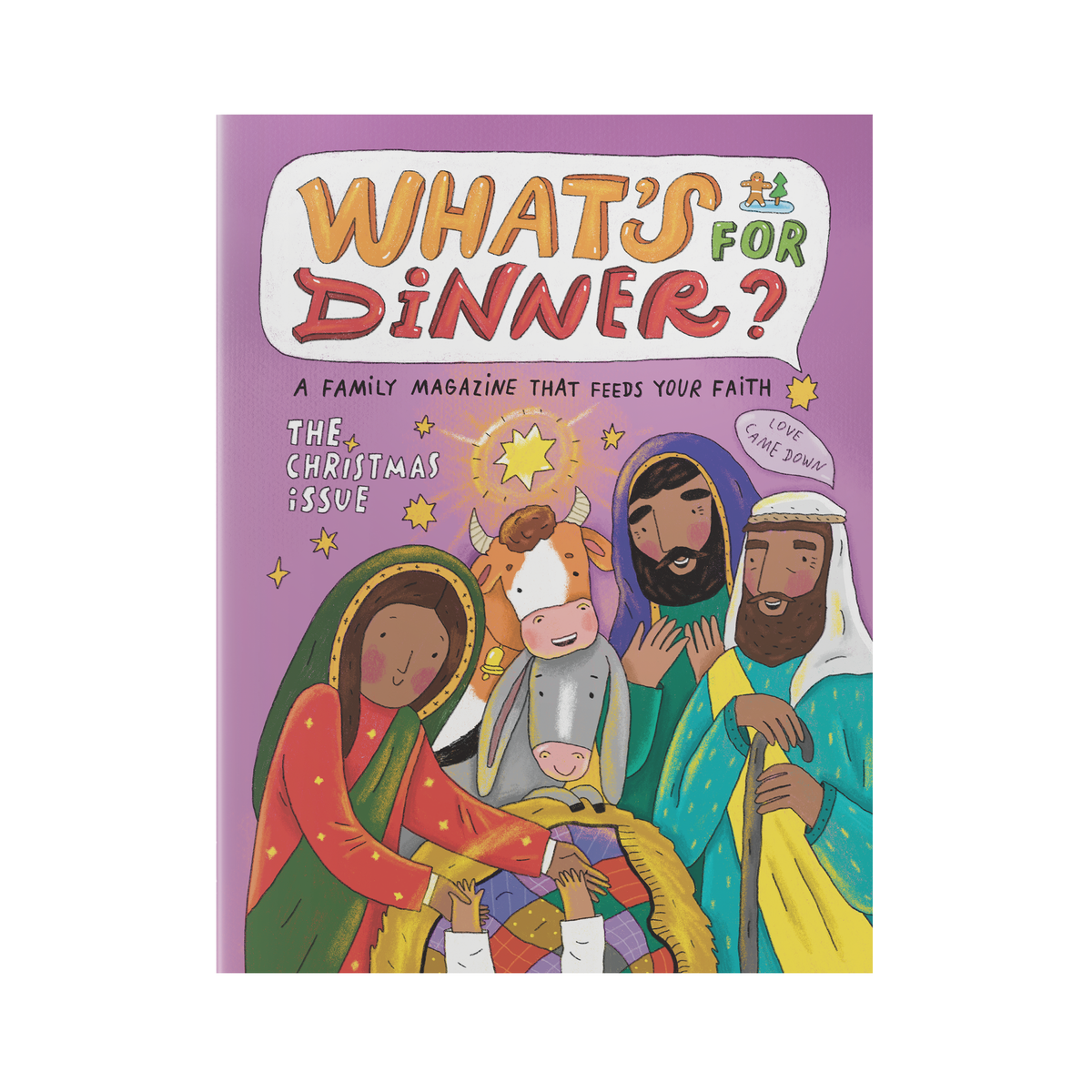 The Christmas Issue of 'What's For Dinner?' family magazine, featuring a purple cover with colorful cartoon illustrations of the Holy Family and a cow under a starry sky by CTA Christ to All and CTAKids.