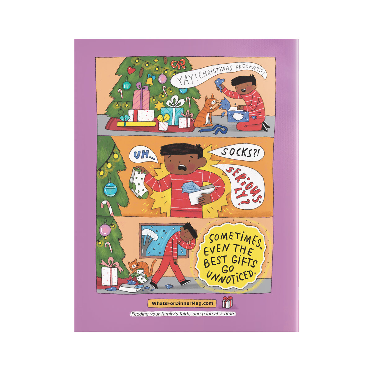 A rectangular printed card or comic-style gift with a lavender border and three illustrated holiday scenes showing a child, a cat, and a Christmas tree with gift boxes. Speech bubbles and text appear throughout the artwork by CTA Christ to All and CTAKids.
