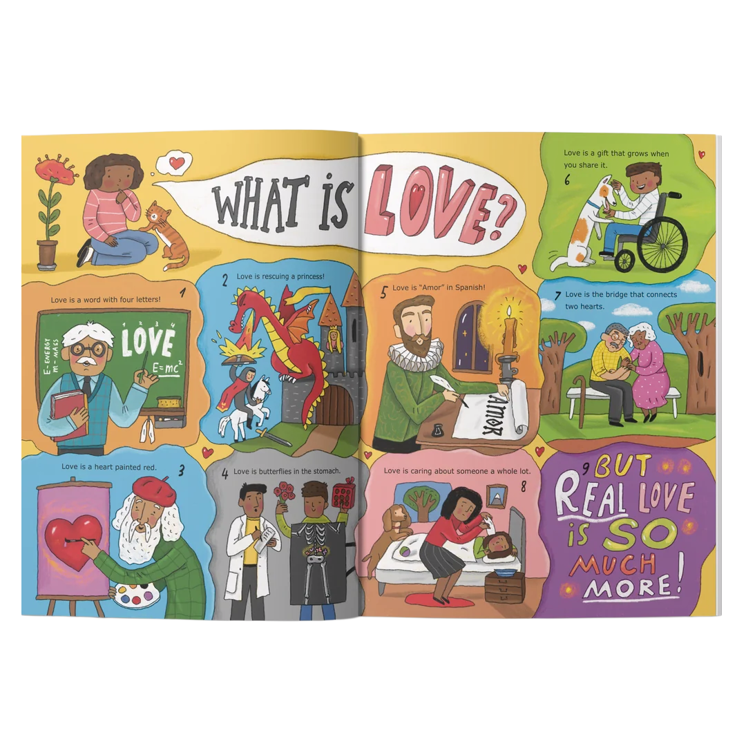 An open children's book spread titled "WHAT IS LOVE?" with colorful illustrated panels showing different interpretations of love, including letters, a dragon, a heart, and caregiving scenes. The pages are photographed against a plain white background by CTA Christ to All and CTAKids.