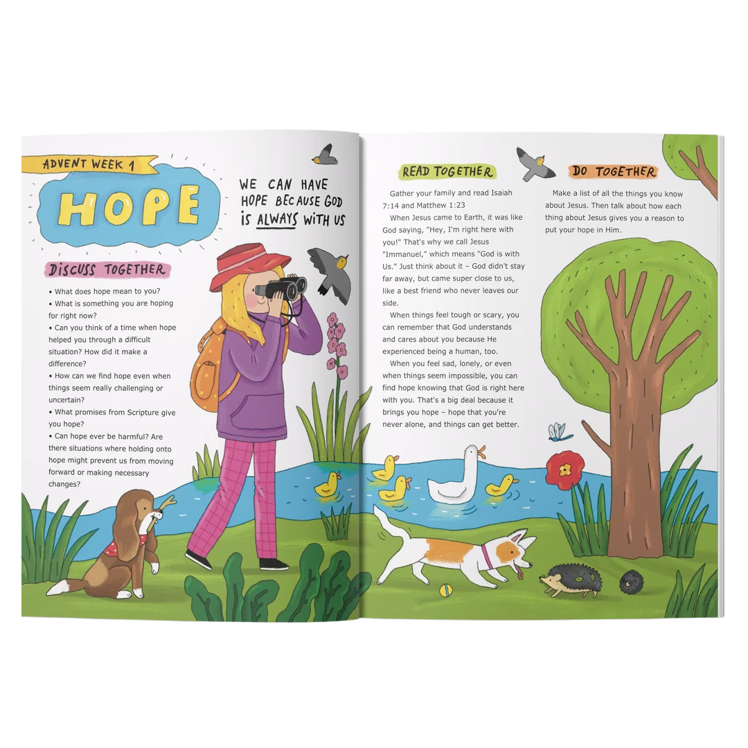 An open children's activity book spread showing 'Advent Week 1: Hope' with colorful text panels, a central illustration of a person in a red hat and pink coat standing in a field, and surrounding Bible reading and discussion prompts by CTA Christ to All and CTAKids.