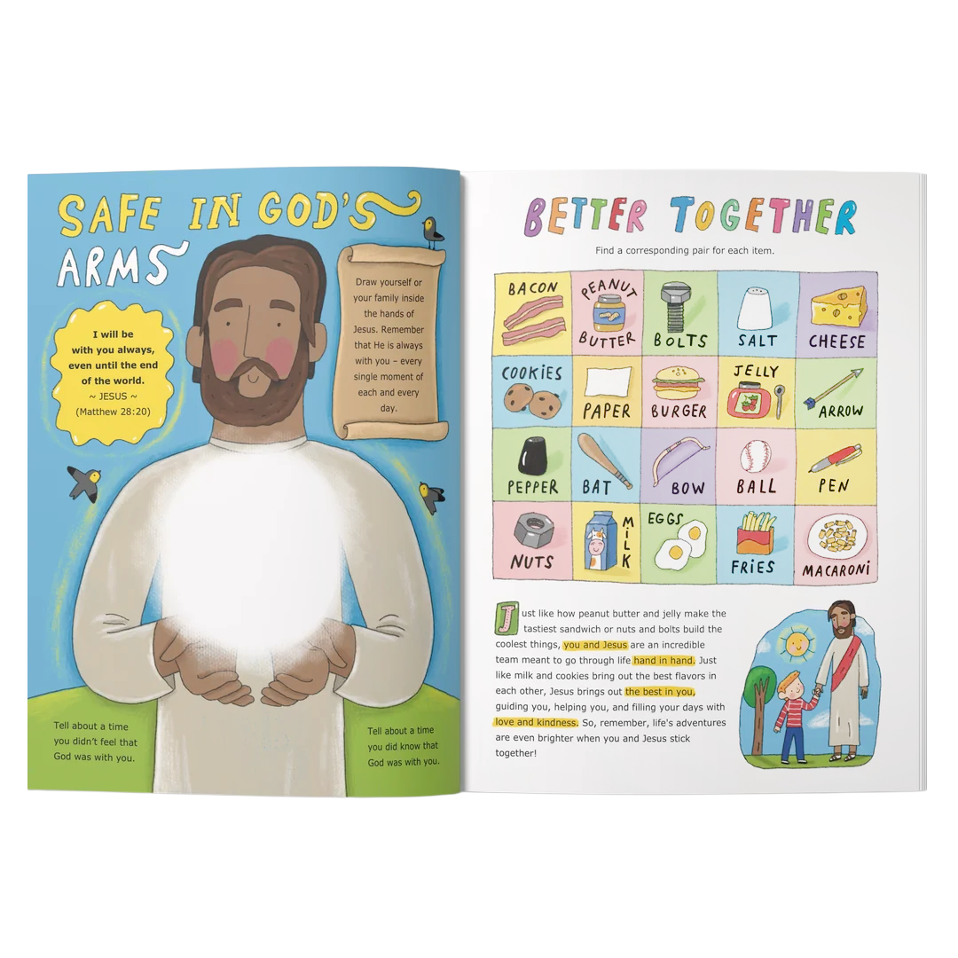 Two open pages from a children's Bible study or prayer booklet. The left page has a large illustration of Jesus with the title 'SAFE IN GOD'S ARMS' and a yellow callout box by CTA Christ to All and CTAKids.
