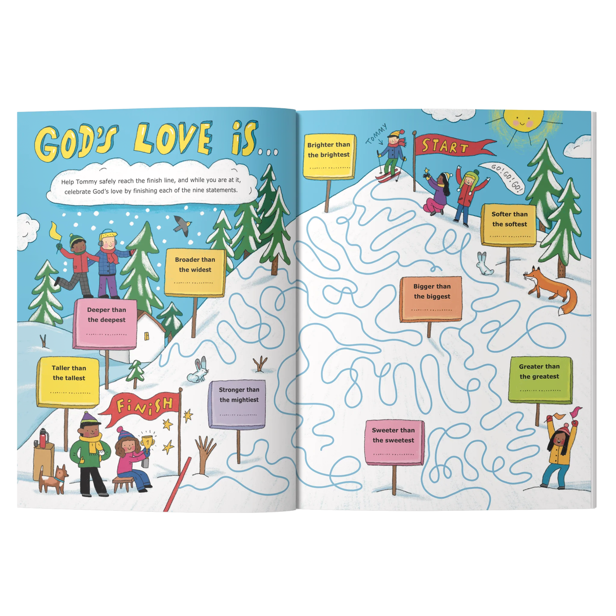 An open children's activity book spread showing a winter-themed maze and illustrated scenes with the heading 'God's Love is'. The left page has colorful holiday illustrations, a speech bubble, and signposts, while the right page contains a winding blue path on a white field leading to a 'START' flag by CTA Christ to All and CTAKids.