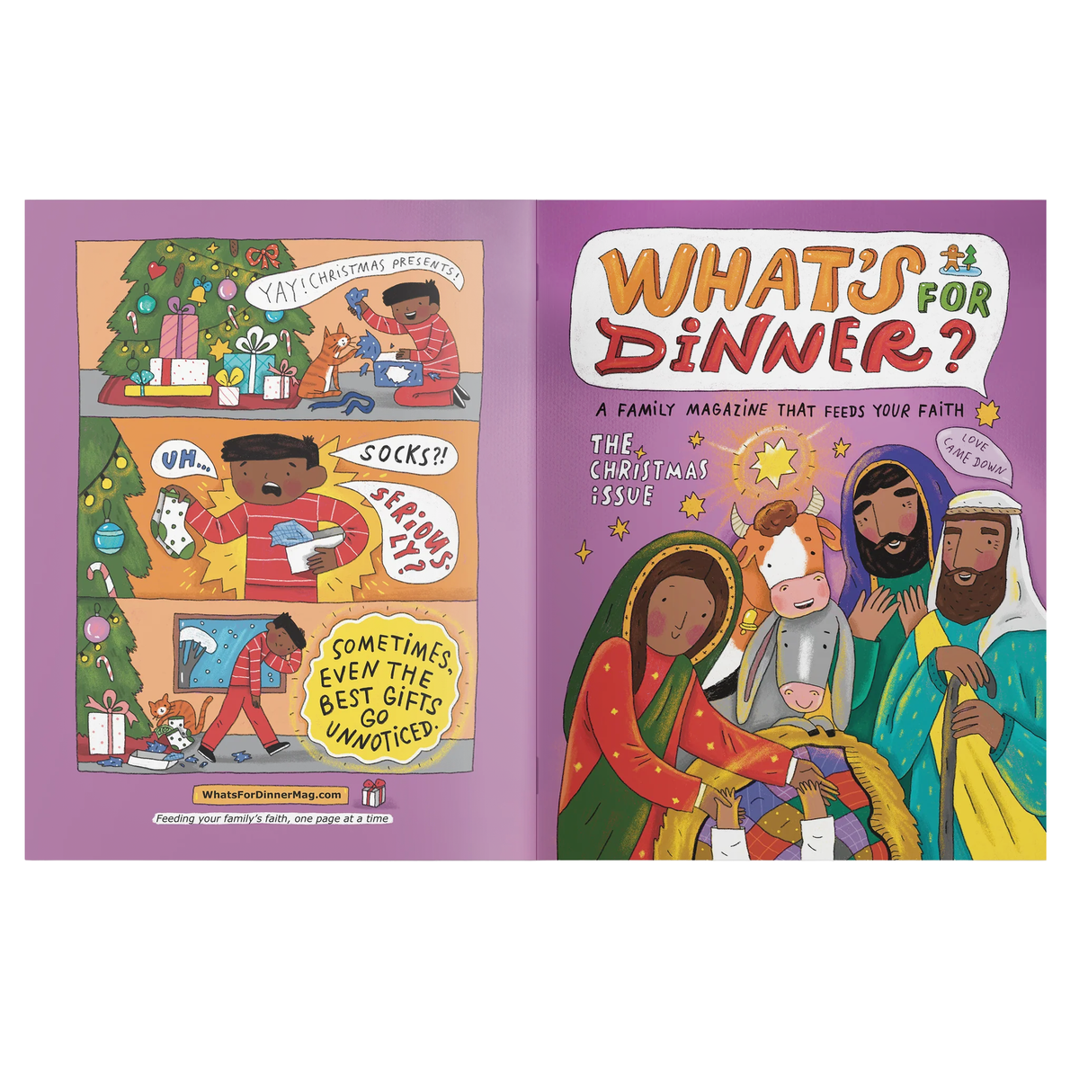 An open magazine or book spread titled "What's for Dinner?" showing two illustrated Christmas-themed pages on a plain white background by CTA Christ to All and CTAKids.