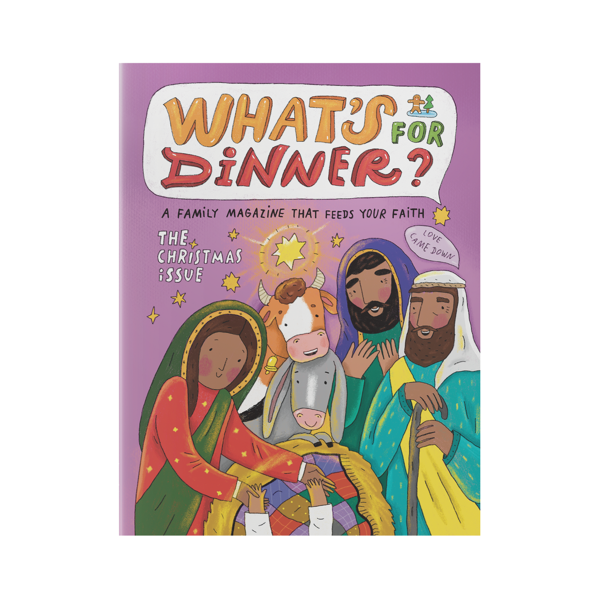 The Christmas Issue of 'What's For Dinner?' family magazine, featuring a purple cover with colorful cartoon illustrations of the Holy Family and a cow under a starry sky by CTA Christ to All & CTAKids.