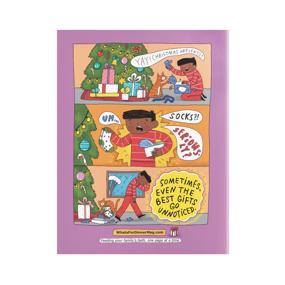 A rectangular printed card or comic-style gift with a lavender border and three illustrated holiday scenes showing a child, a cat, and a Christmas tree with gift boxes. Speech bubbles and text appear throughout the artwork by CTA Christ to All & CTAKids.