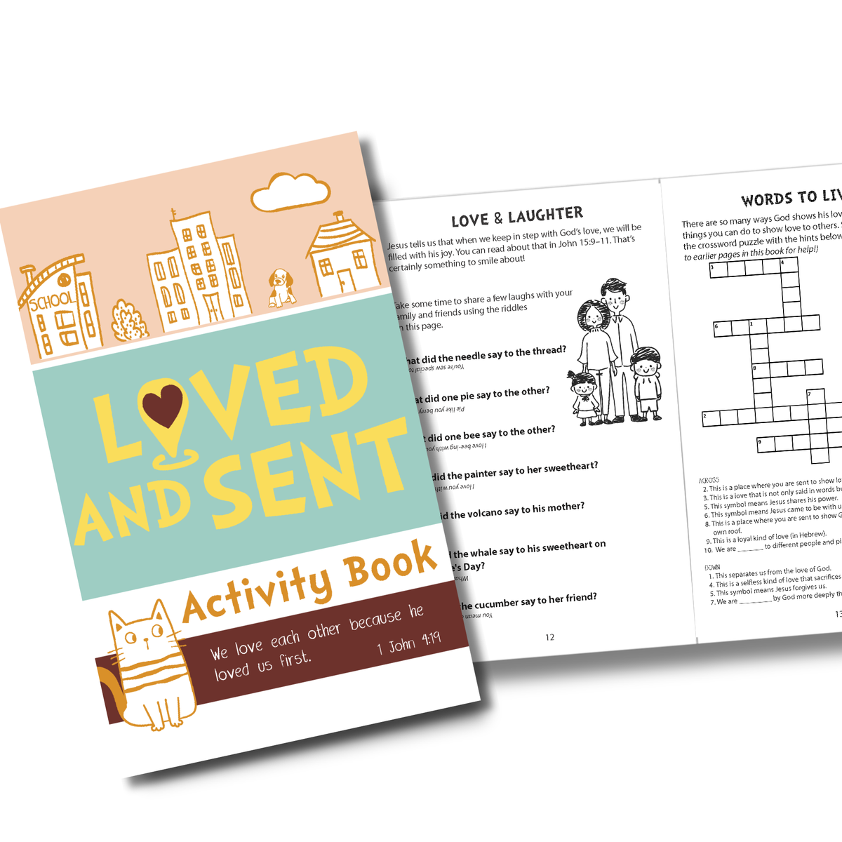 Activity book titled 'Loved and Sent' with a sample page showing illustrations and text by CTA Christ to All & CTAKids.