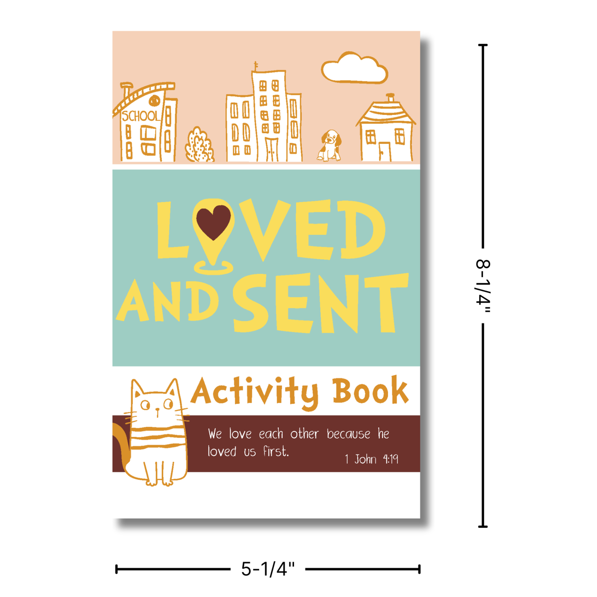 Activity book titled 'Loved and Sent' with illustrations and text, shown with dimensions by CTA Christ to All & CTAKids.