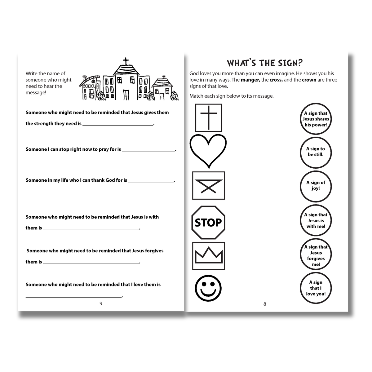 Black and white pages from a book with text and icons on a white background by CTA Christ to All & CTAKids.