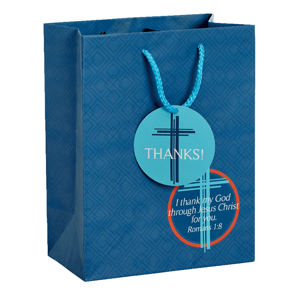 A blue patterned paper gift bag with blue rope handles, featuring a circular light blue 'THANKS!' tag and a red circular tag with a cross design and Bible verse text, shown on a white background by CTA Christ to All and CTA Gifts.