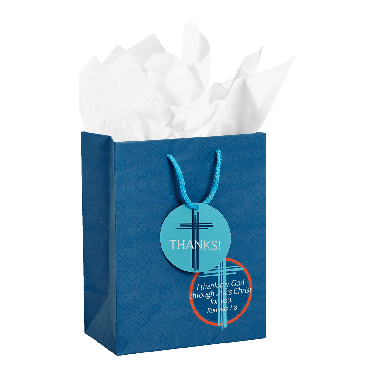 A blue gift bag with white tissue paper inside, featuring a circular teal hang tag that says THANKS! and a smaller round tag with a cross and the phrase 'I thank my God through Jesus Christ our Lord Romans 1:8' circled in red by CTA Christ to All and CTA Gifts.