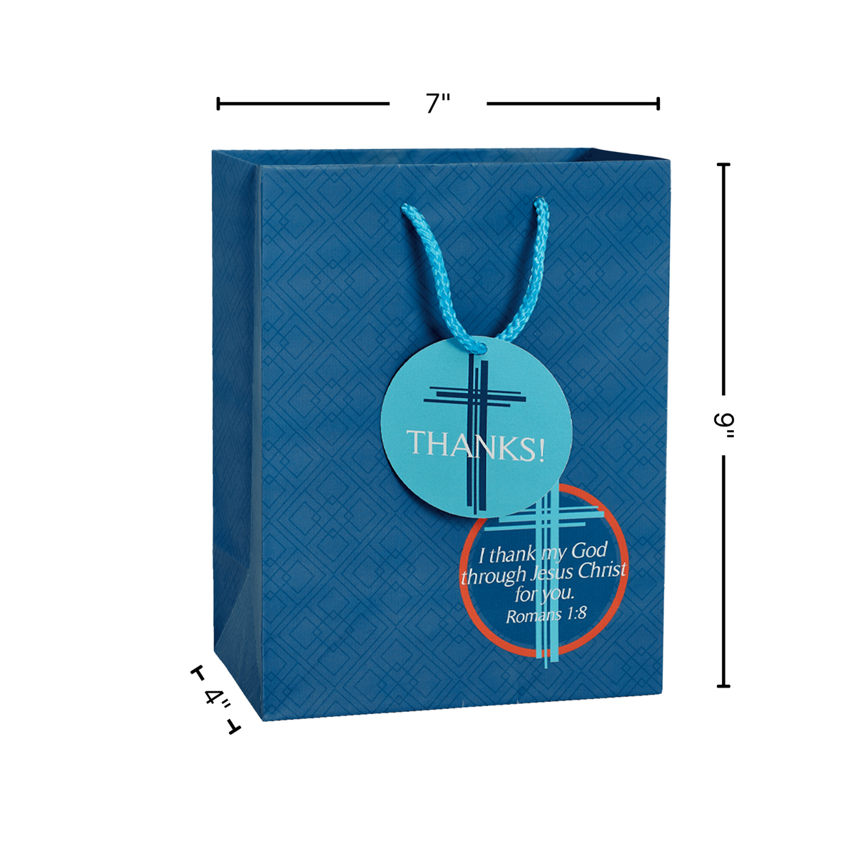 A blue patterned gift bag with a turquoise hanging tag that reads “THANKS!” and a smaller circular tag below reading “I thank my God through Jesus Christ for His Romans 1:8.” Black dimension lines and text show the bag is approximately 7 inches wide, 9 inches tall, and 4 by CTA Christ to All and CTA Gifts.