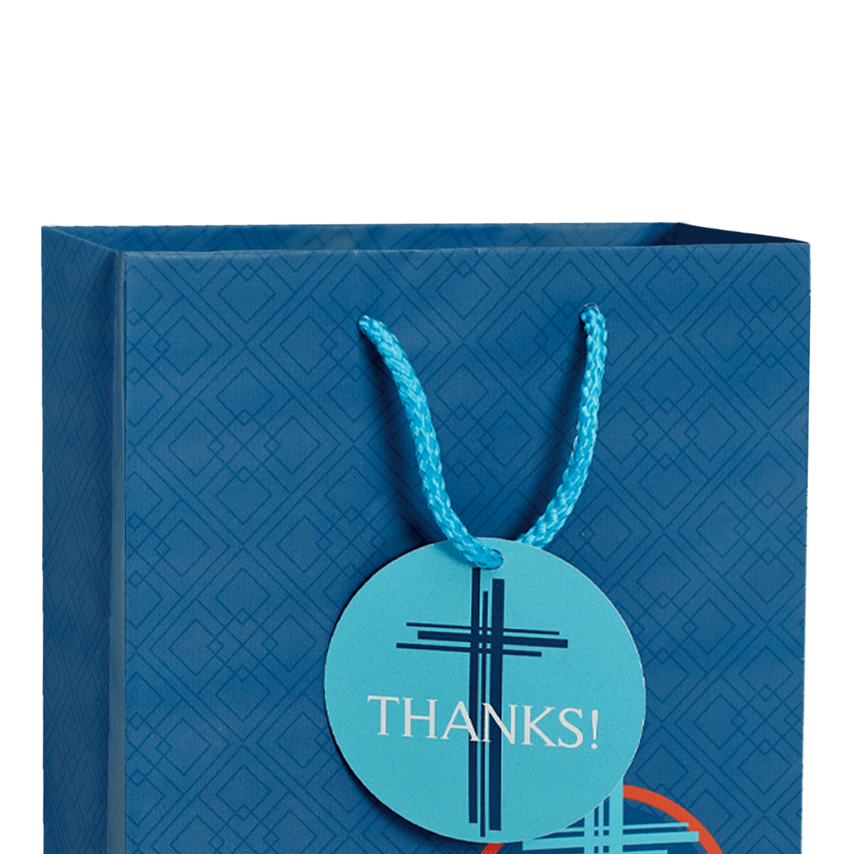 A blue patterned gift bag with blue rope handles and a round light blue hang tag that says THANKS! with a black cross graphic, shown on a white background by CTA Christ to All and CTA Gifts.