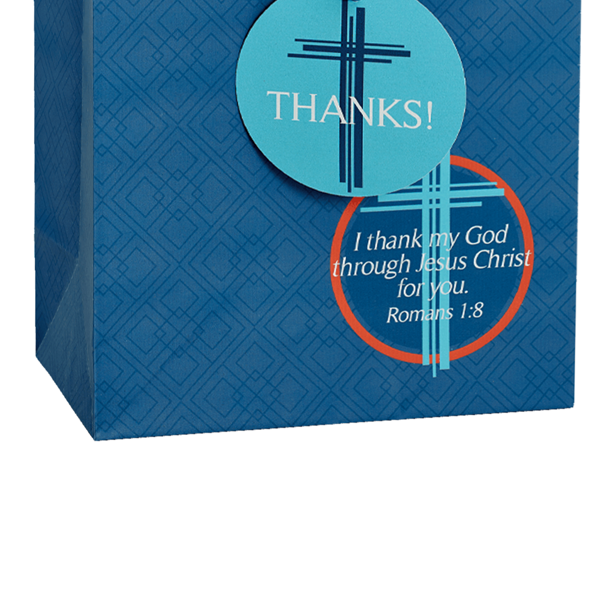 A blue patterned gift bag with two circular printed graphics. The top circle is light blue with a dark blue cross and the word 'THANKS!' by CTA Christ to All and CTA Gifts.