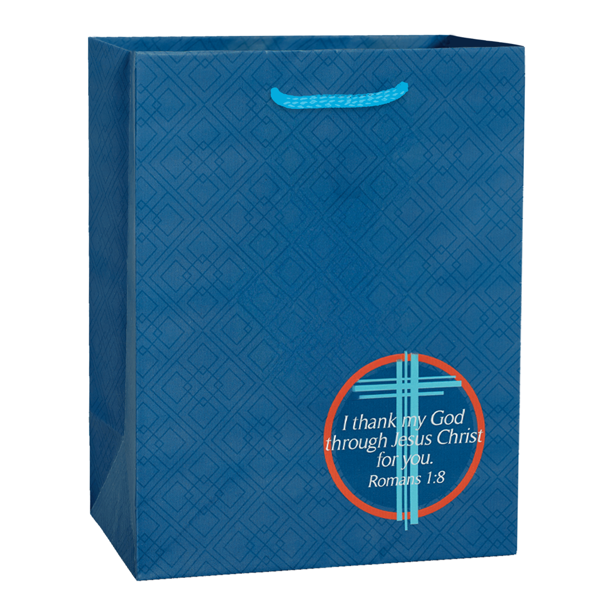 A blue paper gift bag with a subtle geometric pattern, featuring a light blue handle and a circular graphic on the lower right with a cross and the text, 'I thank my God through Jesus Christ for you. Romans 1:8' by CTA Christ to All and CTA Gifts.