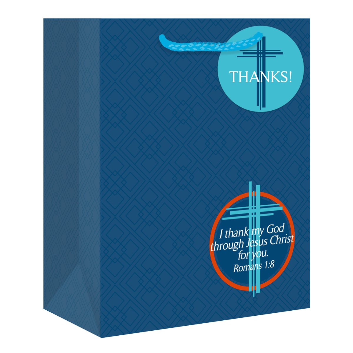 A blue patterned thank-you gift bag with a circular teal 'THANKS!' label and a lower circular label reading 'I thank my God through Jesus Christ for you. Romans 1:8' with a cross graphic by CTA Christ to All & CTA Gifts.