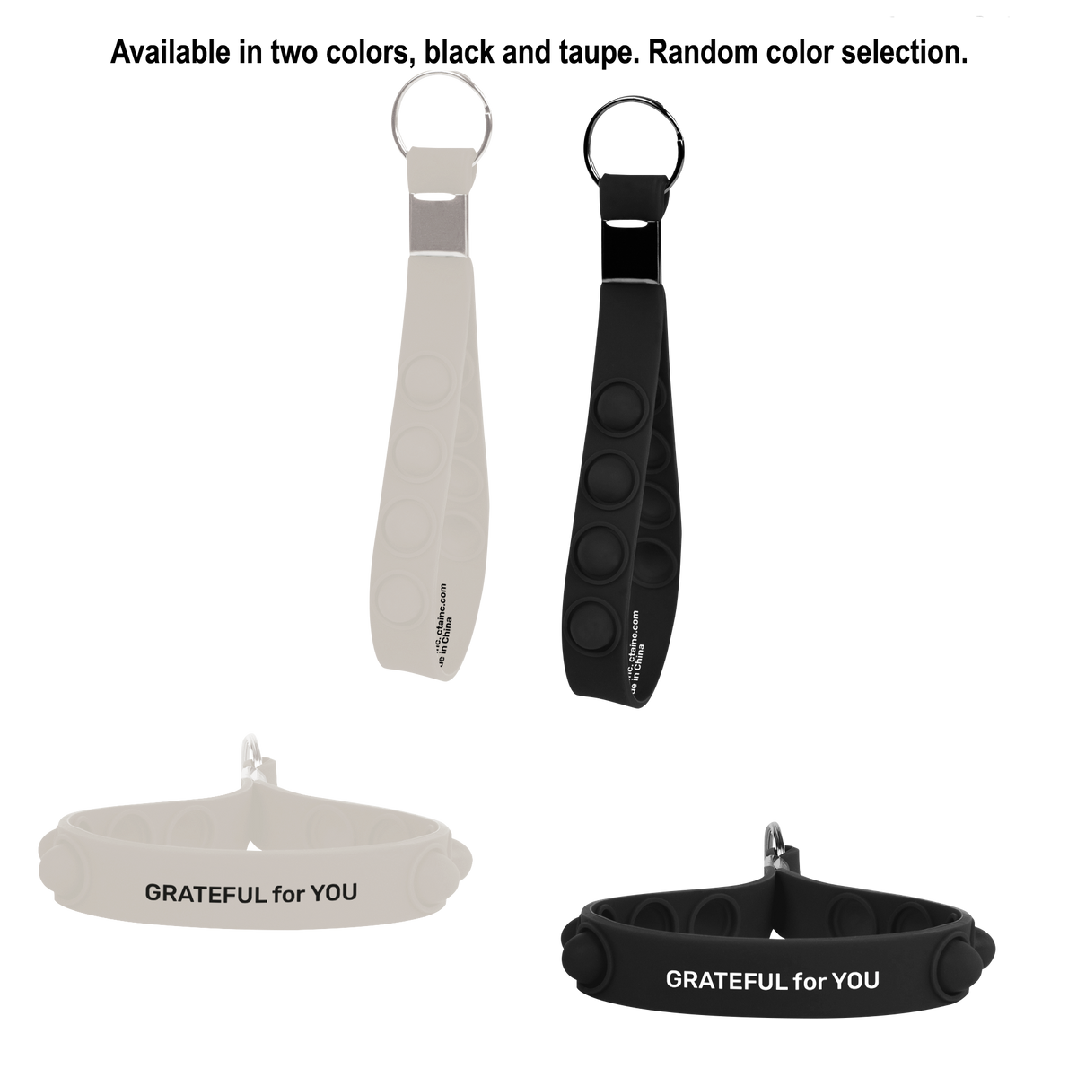 Black fidget keychain and white fidget keychain  with 'GRATEFUL for YOU' text.