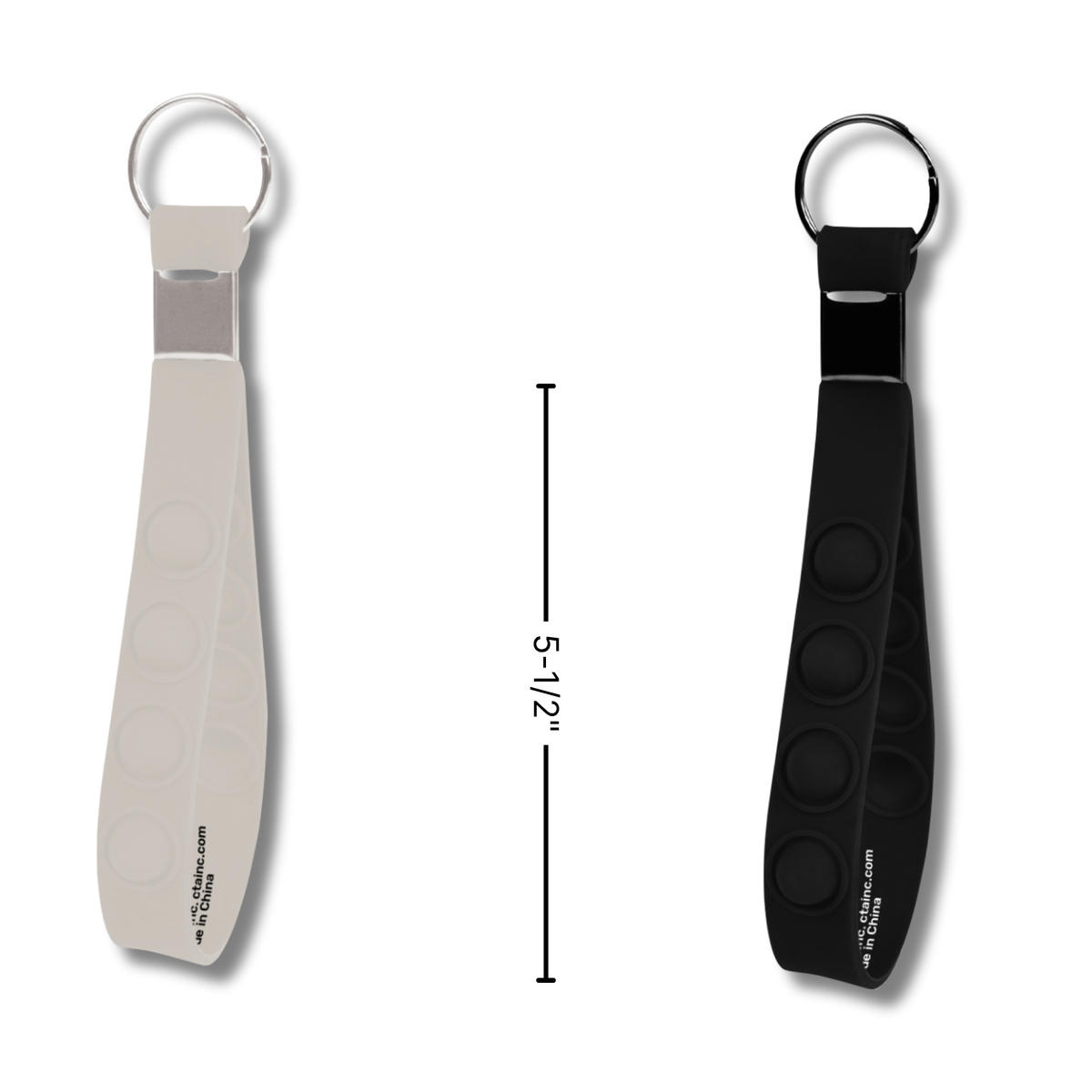 Two silicone keychain pouches shown side by side on a white background, one in light gray and one in black, with a vertical measurement marker between them reading 5-1/2 inches by CTA Christ to All and CTA Gifts.