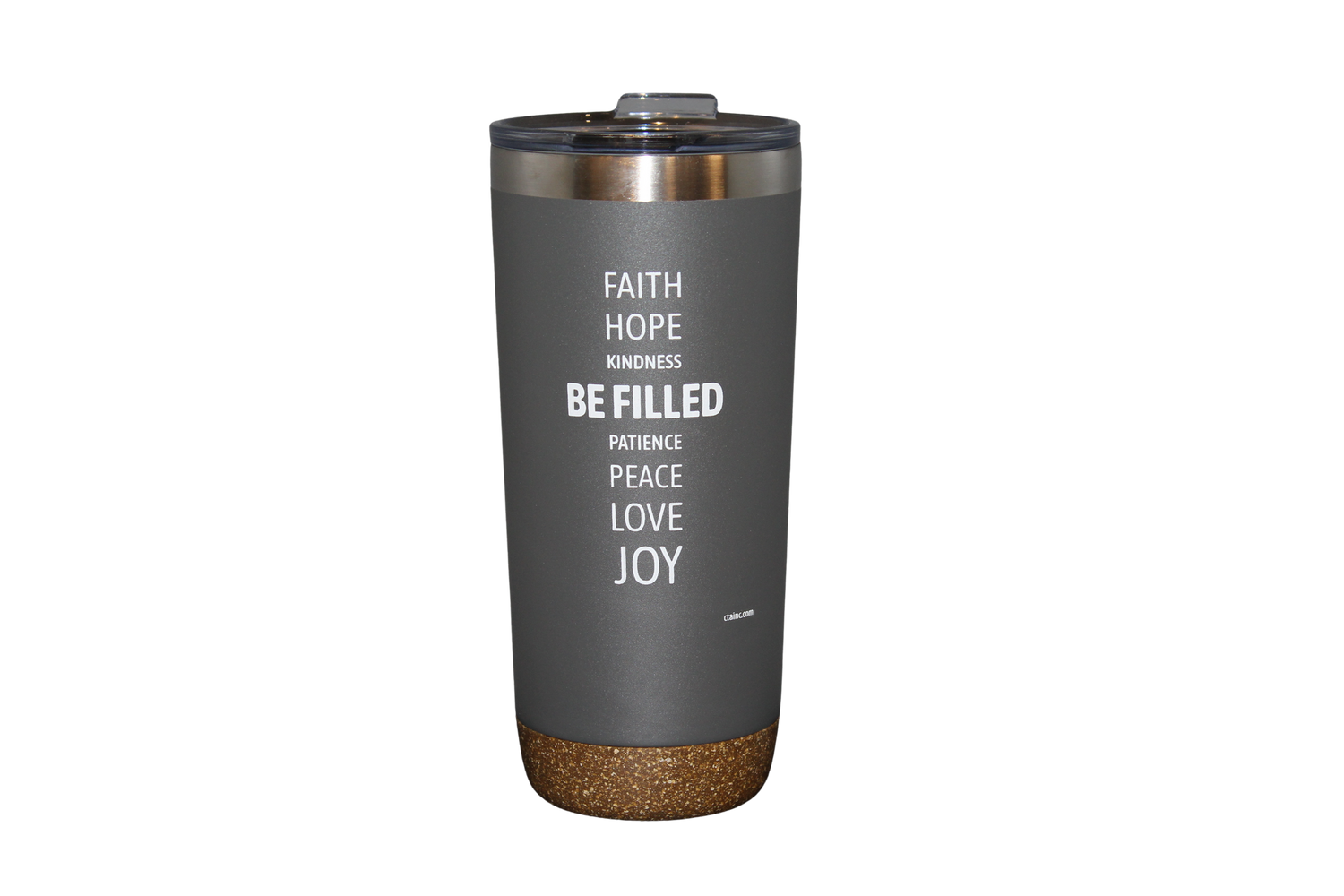 Insulated gray tumbler with motivational copy. 22 oz. no background