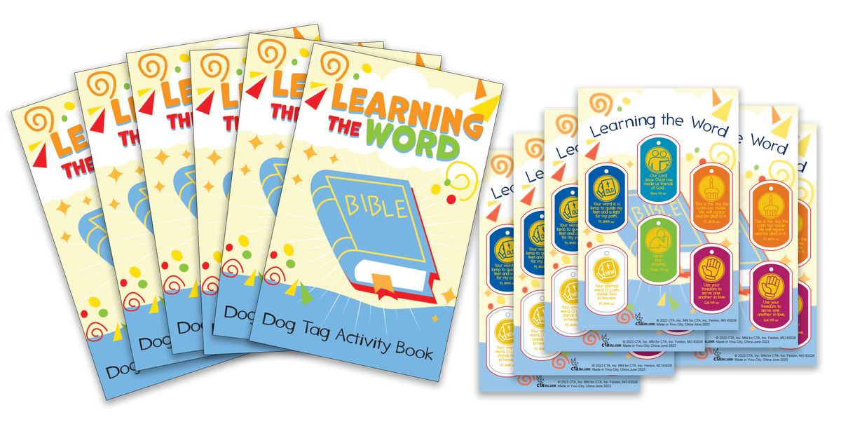 Learning the Word Activity Book & Stickers Kit – Includes six 5¼" x 8¼" activity books and a 4" x 6" sheet of six coordinating God’s Promises dog tag stickers, featuring fun lessons and family activities to help kids grow in understanding God’s Word.
615122-17148-6 by CTA Christ to All & CTAKids.
