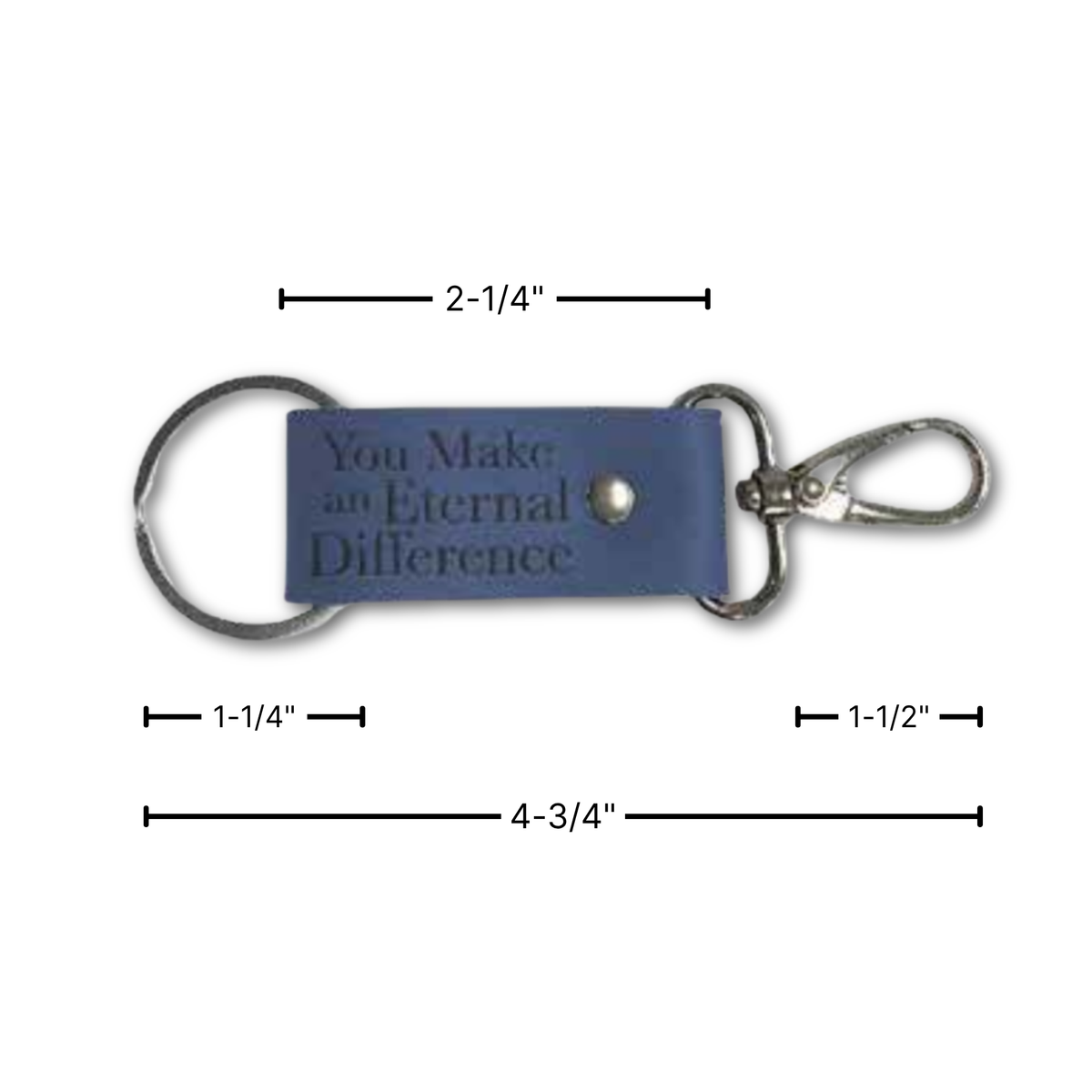 A blue leather keychain with a silver metal split ring and lobster clasp, shown with dimension lines and text labels indicating measurements: 2-1/4 inches total width, 1-1/4 inches for the left loop, 1-1/2 inches for the right loop, and 4-3/4 inches for the full length by CTA Christ to All and CTA Gifts.