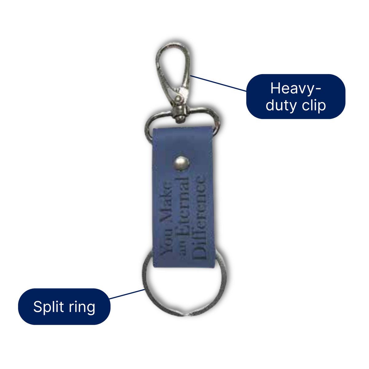 A blue leather keychain tag with a silver lobster clasp and split ring, shown on a white background with two callout labels pointing to the clasp and split ring by CTA Christ to All and CTA Gifts.