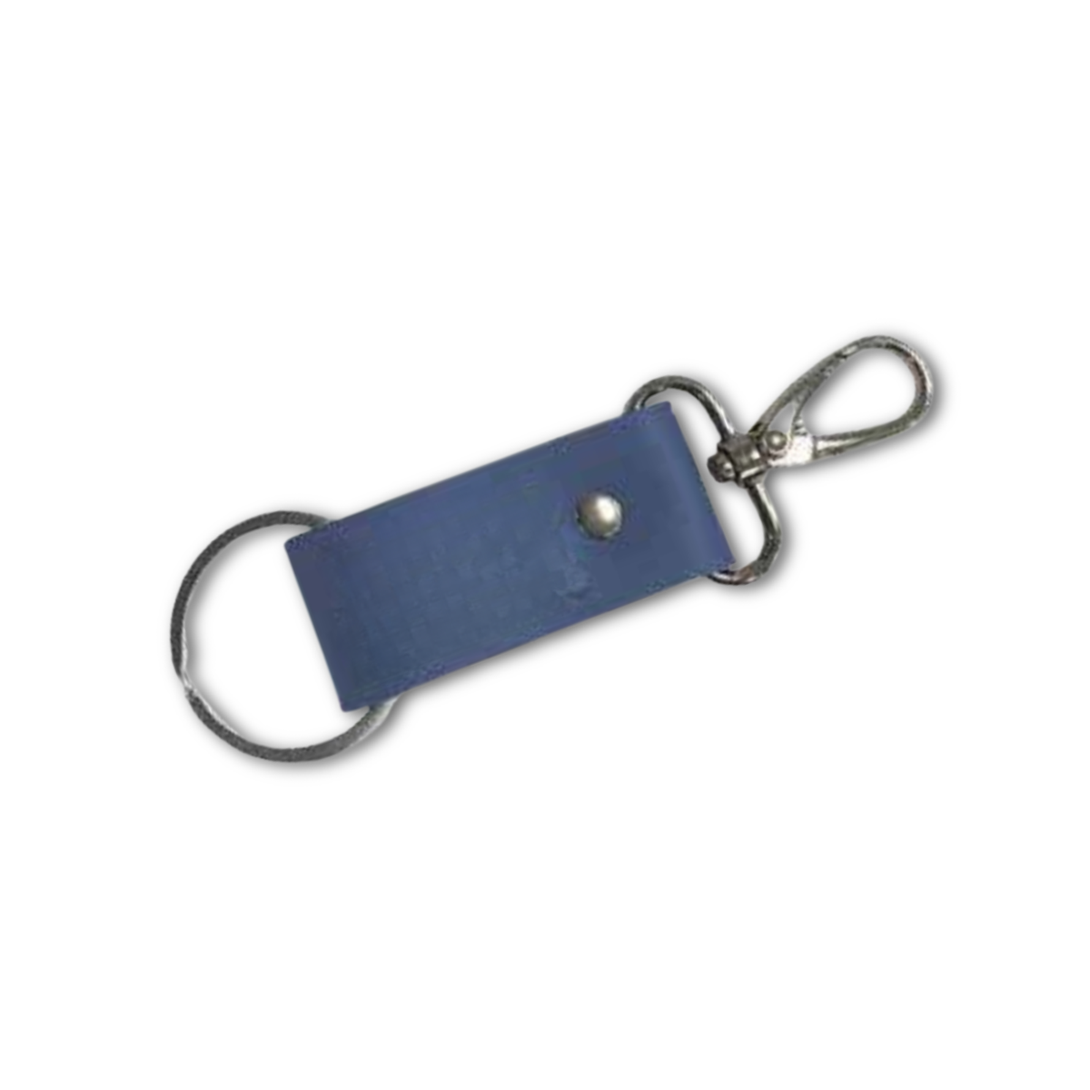 A blue leather keychain with a silver metal swivel snap clasp and split key ring, shown on a plain white background by CTA Christ to All and CTA Gifts.
