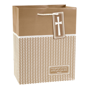 A brown kraft paper gift bag with a white herringbone pattern on the lower half, a white decorative band, a white rope handle, and a hanging tag featuring a white cross. A small label on the front reads, 'Very good gift and every perfect gift is from above, James 1:17' by CTA Christ to All and CTA Gifts.