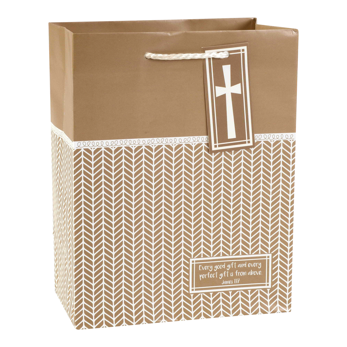 A brown kraft paper gift bag with a white herringbone pattern on the lower half, a white decorative band, a white rope handle, and a hanging tag featuring a white cross. A small label on the front reads, 'Very good gift and every perfect gift is from above, James 1:17' by CTA Christ to All & CTA Gifts.