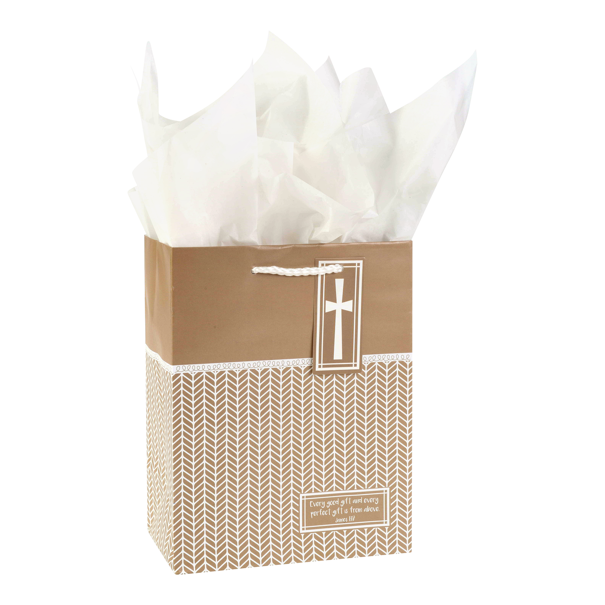 A brown paper gift bag with white tissue paper inside, featuring a chevron pattern on the lower half, a white cross on a brown tag, and a small printed label on the front by CTA Christ to All and CTA Gifts.